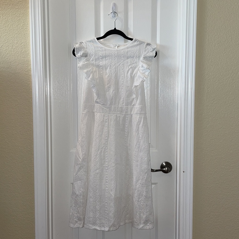 NWOT Cotton White Eyelet Flutter Sleeve Dress, Small